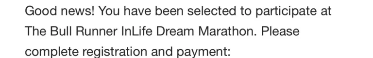 The Bull Runner InLife Dream Marathon 2027 acceptance email